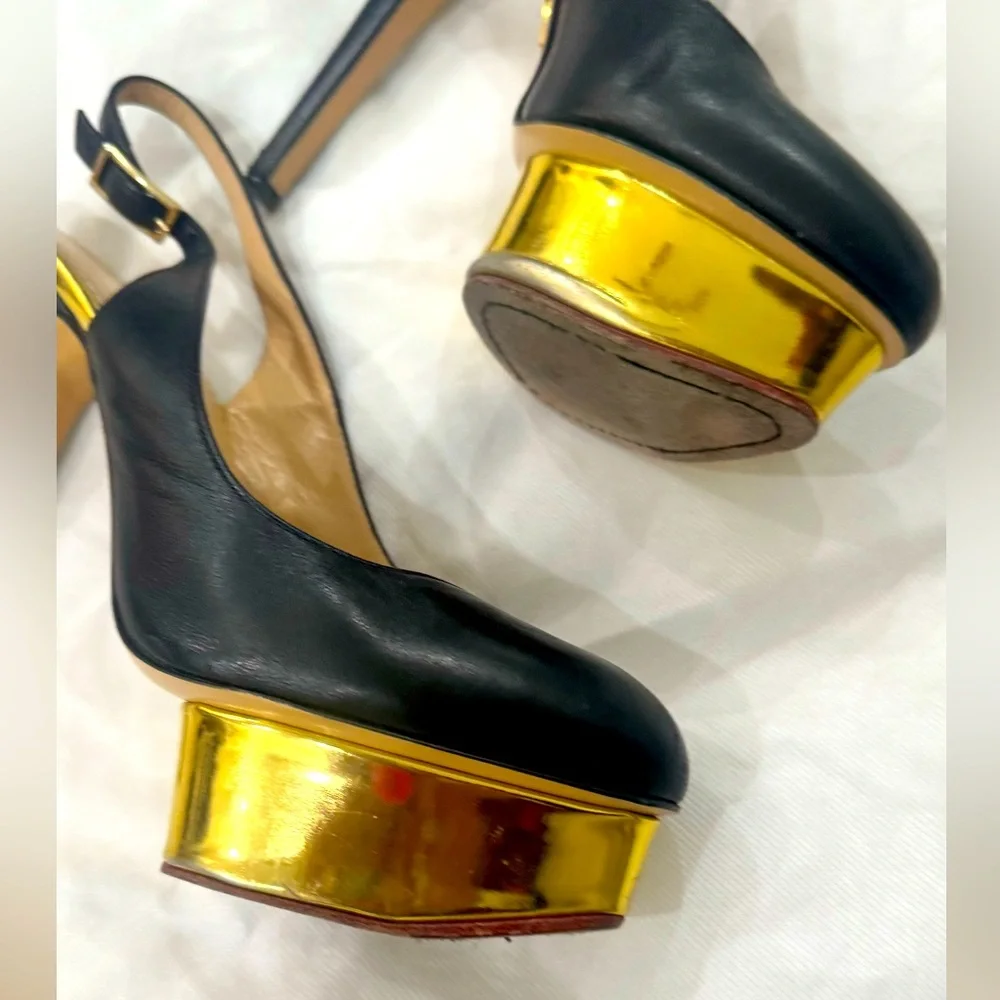 Black Leather DOLLY Gold Platform Slingback Pumps - Picture 5 of 11